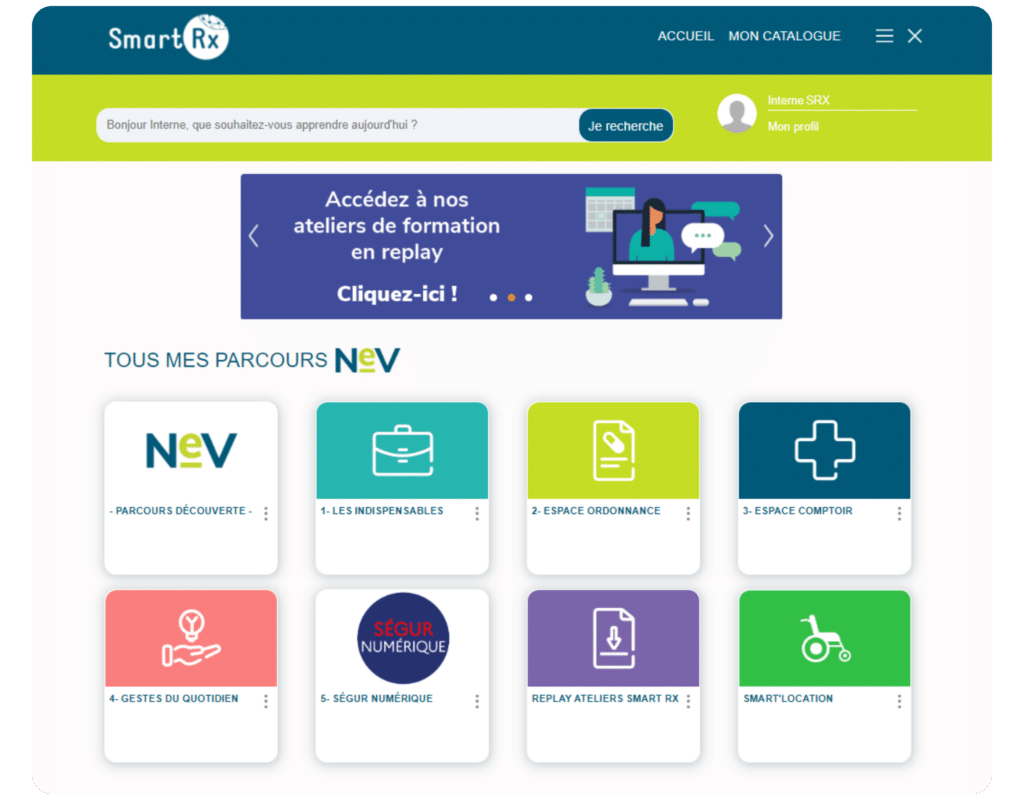 Visuel page d'accueil plateforme e-learning NeV Smart Rx