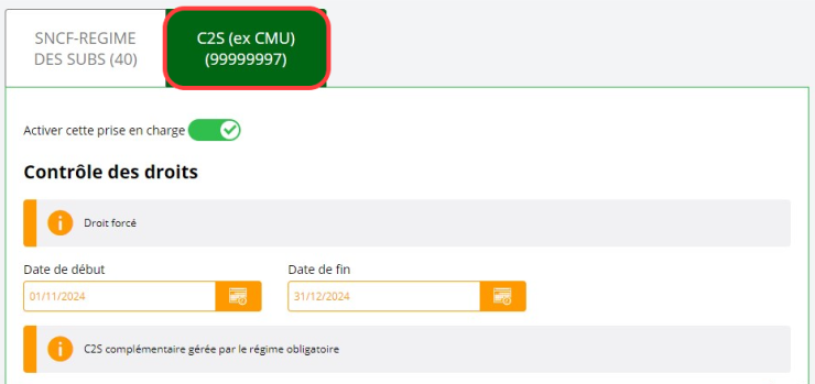 Ecran de confirmation ajout contrat C2S (CMU) dans le logiciel smart rx