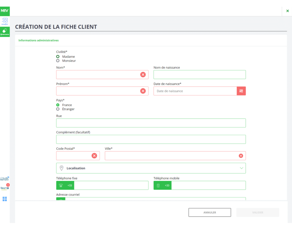 Ecran de création d'une fiche client dans le nev pour créer un ayant droit sans carte vitale depuis le NeV