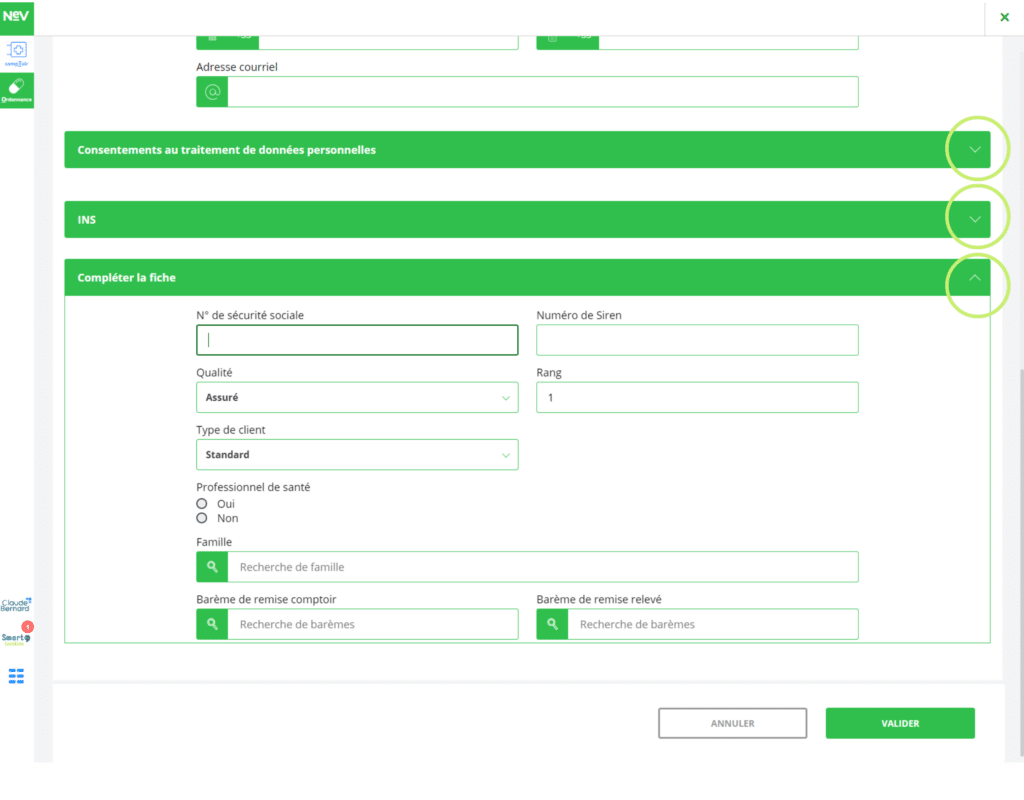 Volets déroulants pour créer un ayant droit sans carte vitale depuis le NeV 