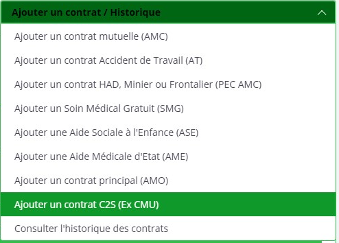 Liste des contrats disponibles dans le logiciel smart rx pour l'ajout d'un contrat C2S CMU (hors ADRI)